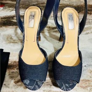 Denim Open-Toe Slingback Heels - Navy